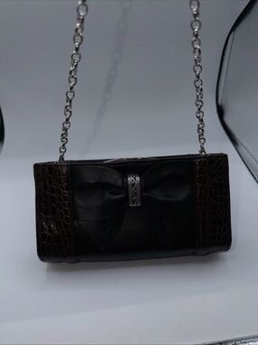 Vng Brighton Bow Cross Body Evening Bag Purse Chain Strap Croc & Black Leather